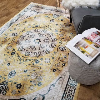 Area Rugs,Serica Museum Quality Faux Silk Yellow Medallion Distressed Area Rug,MUSALLA® Masjid Mosque Carpets Prayer Runner Rugs