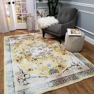 Area Rugs,Serica Museum Quality Faux Silk Yellow Medallion Distressed Area Rug,MUSALLA® Masjid Mosque Carpets Prayer Runner Rugs